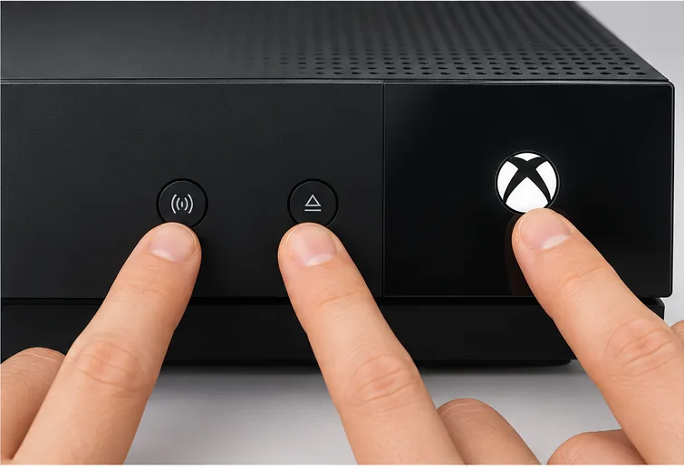 Close view of the Xbox One Pair and Eject buttons being held while the console power button is pressed