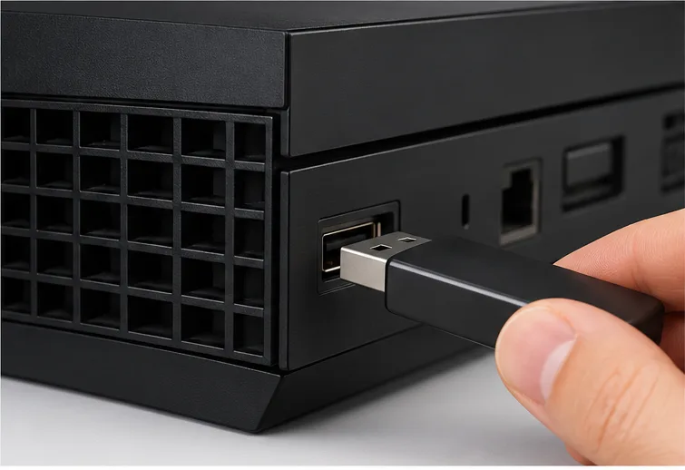 USB flash drive being inserted into a USB port on a black Xbox One console