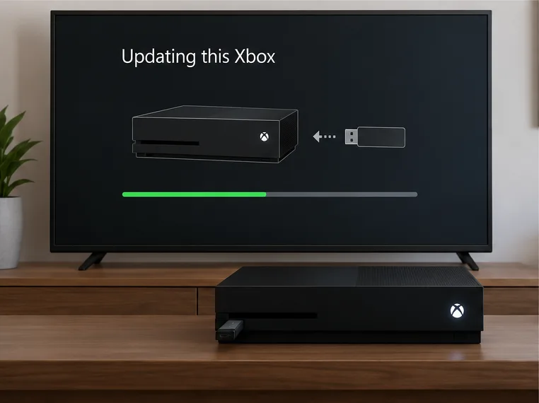 Xbox One showing a system update in progress after a USB drive is connected