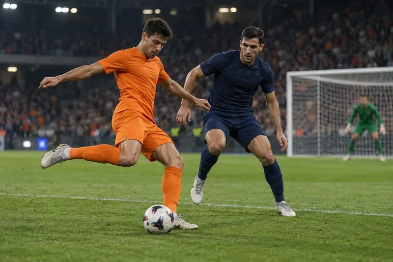 Een aanvaller in een oranje shirt controleert de bal terwijl een verdediger in een donkerblauw shirt hem nadert in de buurt van het strafschopgebied.