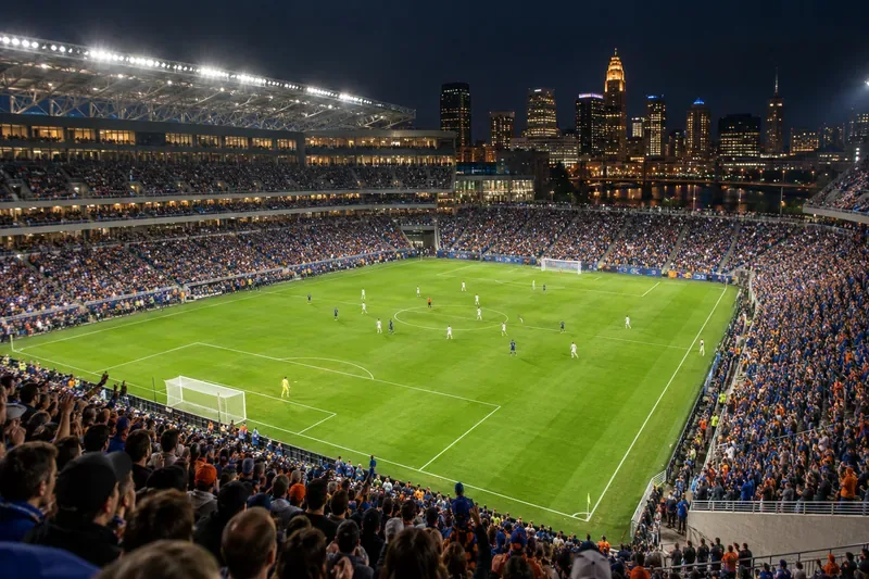 Een volgepakt voetbalstadion 's nachts, met supporters rondom een ​​felgroen veld en de skyline van de stad op de achtergrond.