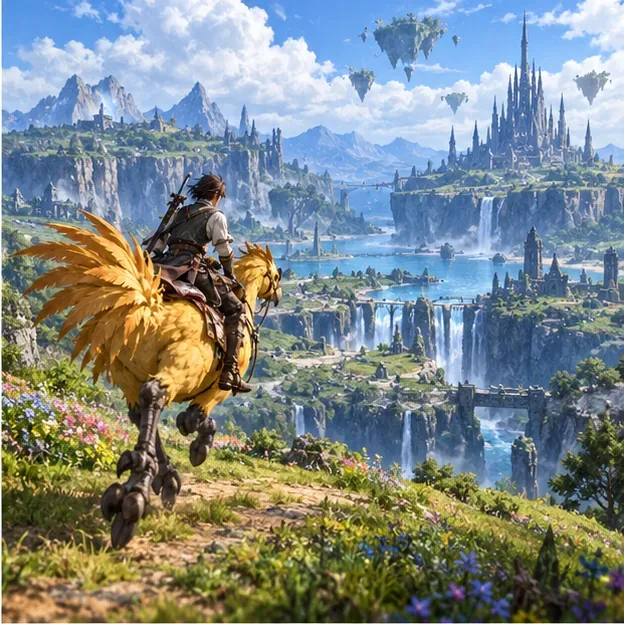 An adventurer riding a yellow chocobo through a bright fantasy landscape, illustrating travel during story progression