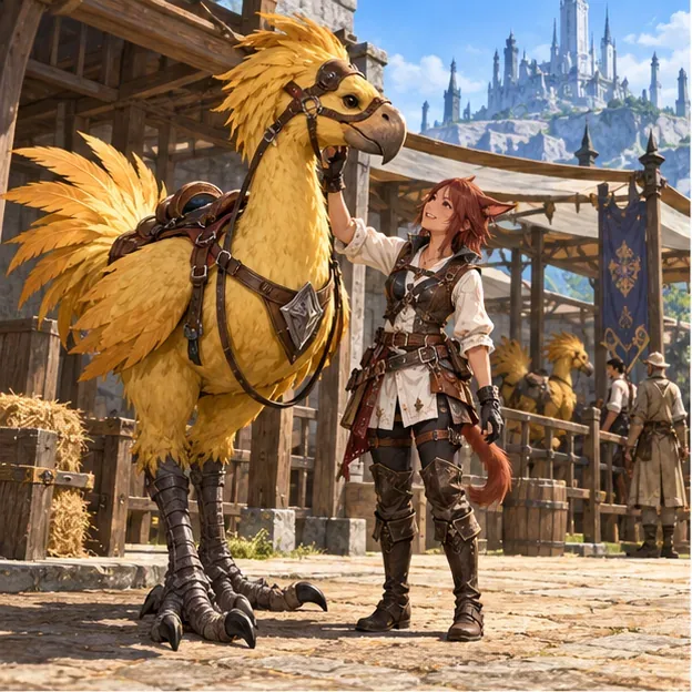 A fantasy adventurer greeting a yellow chocobo in a stable courtyard, representing the first mount unlock