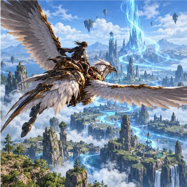 A rider on a winged mount flying above a landscape with blue aether streams, illustrating zone-based flight