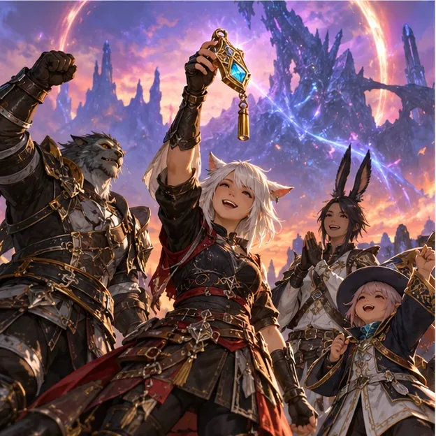 A fantasy trial party celebrating with a mount whistle held aloft after a battle