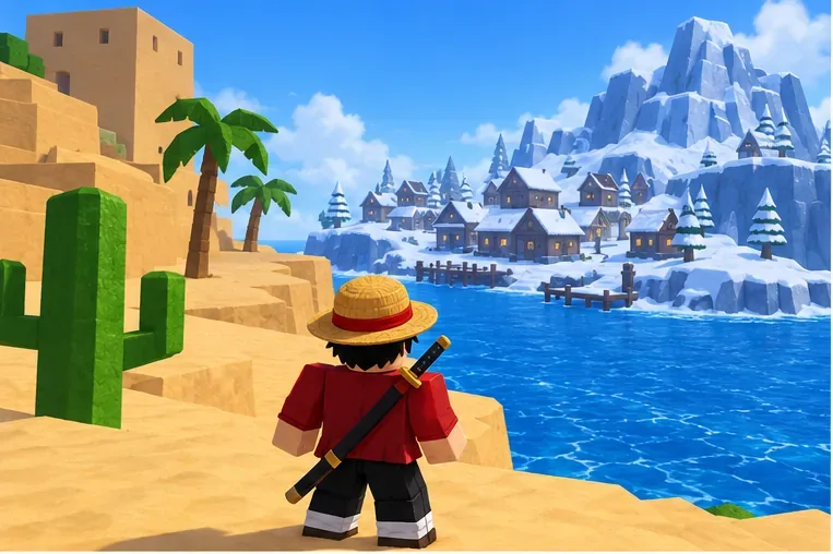 A pirate avatar at the shore looking from a desert island toward a snowy village.