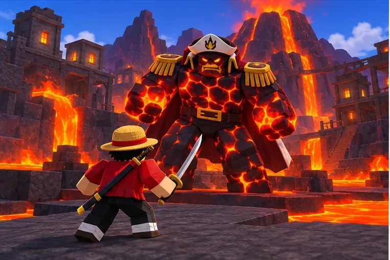 A pirate avatar facing an armored magma-themed boss beside glowing lava channels.