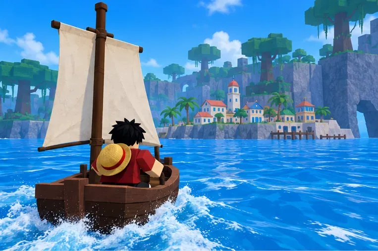 A small sailboat carrying a pirate avatar toward a coastal village across the First Sea.