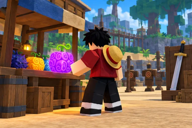 A block-style pirate avatar beside glowing fruits and a sword at an island training stall.