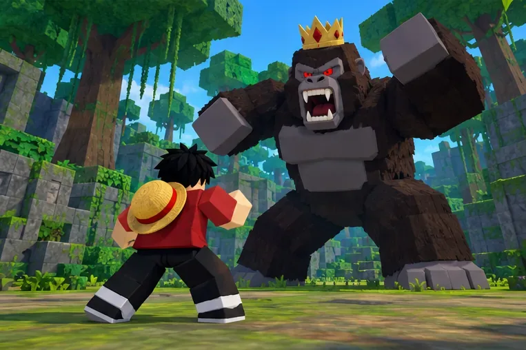 A block-style player facing a large gorilla boss in a jungle clearing.