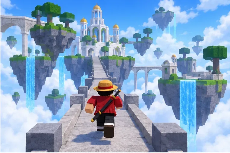 A pirate avatar crossing a stone bridge among floating Skylands islands above the clouds.