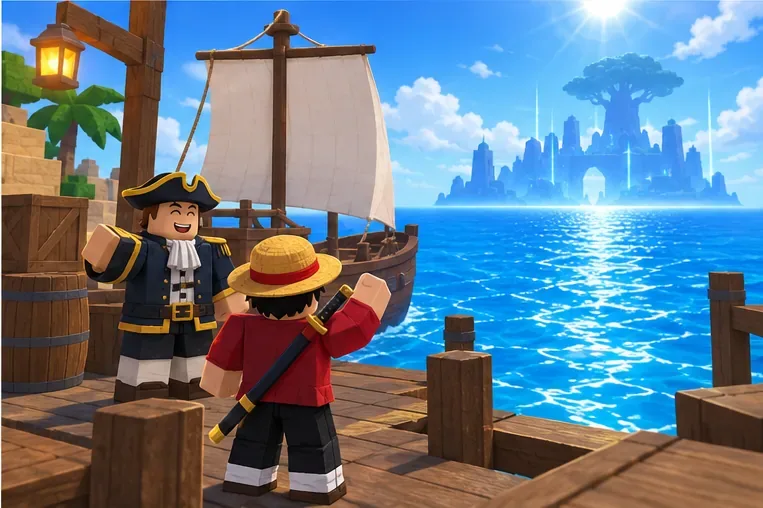 A captain NPC waves to a pirate avatar at a harbor with a distant island across the water.