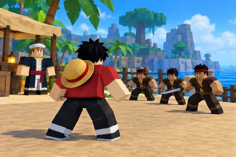 Block-style pirate avatar facing bandits beside a quest NPC on a tropical starter island.