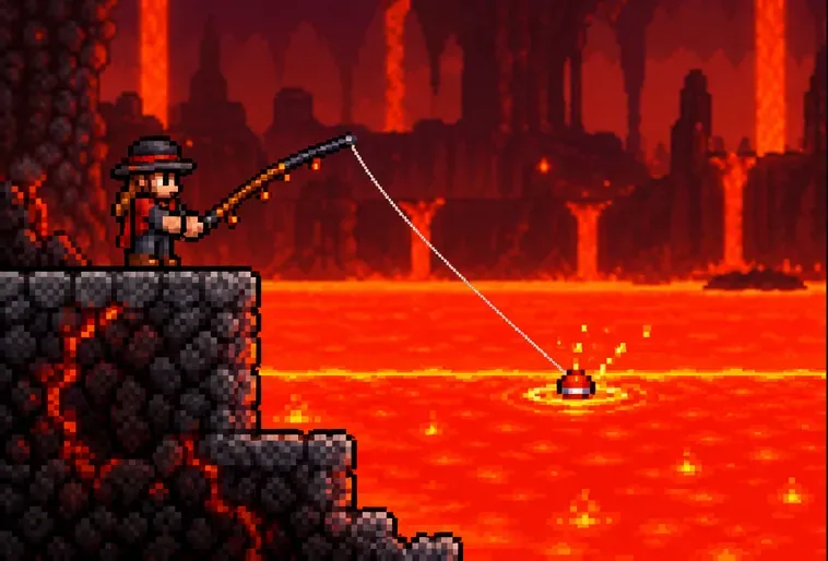 A fishing line reaches from a solid stone ledge to a bobber splashing in a lava pool