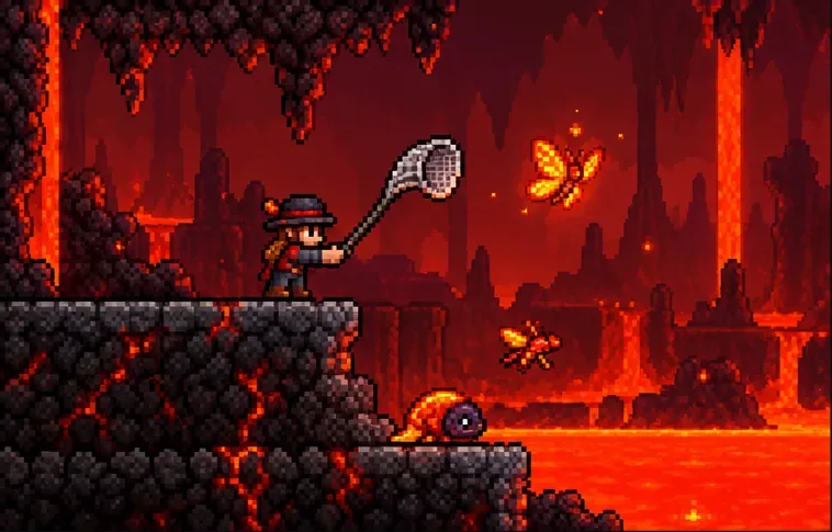 A player on a stone ledge catches a glowing Underworld butterfly with a bug net near a lava pool