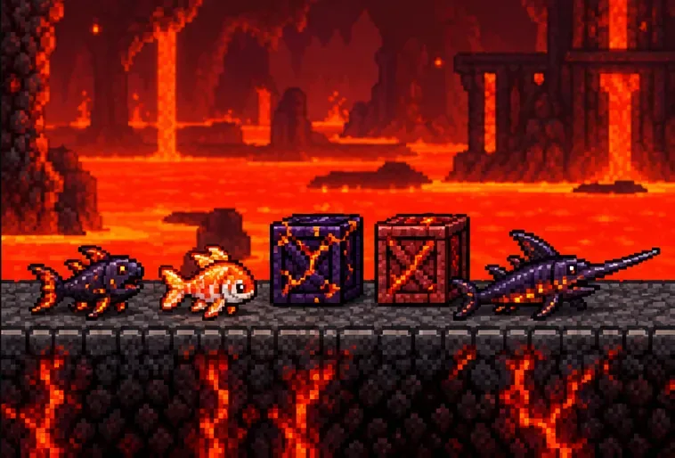 Two colorful lava fish, an Obsidian Crate, a Hellstone Crate, and a spear-shaped catch on a stone ledge
