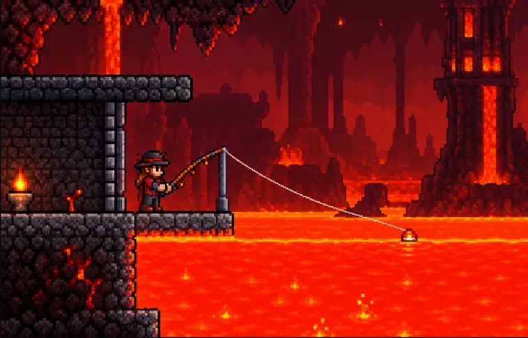 A fishing character stands on a stone platform beside a broad lava pool in a dark Underworld cavern