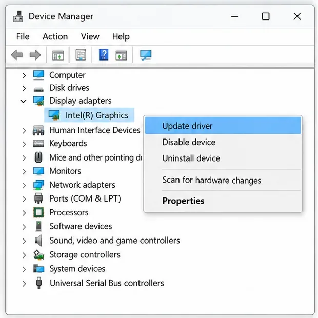 Device Manager with Display adapters expanded and Update driver highlighted for an Intel graphics adapter.