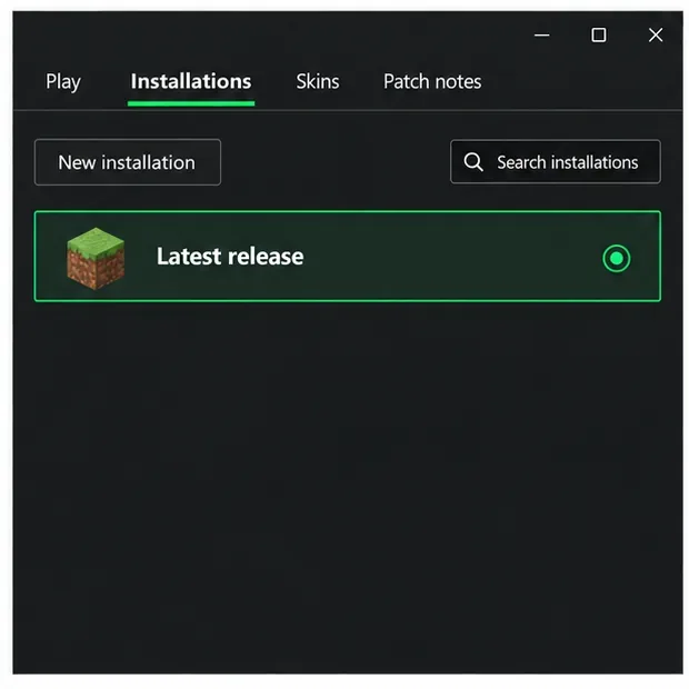 Minecraft Launcher Installations screen with a clean Latest release profile selected.