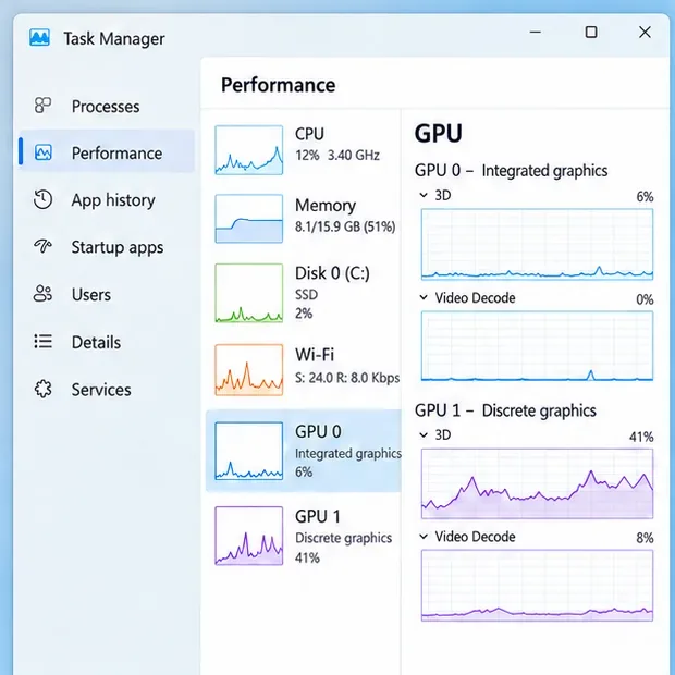 Task Manager Performance view listing GPU 0 as integrated graphics and GPU 1 as discrete graphics.