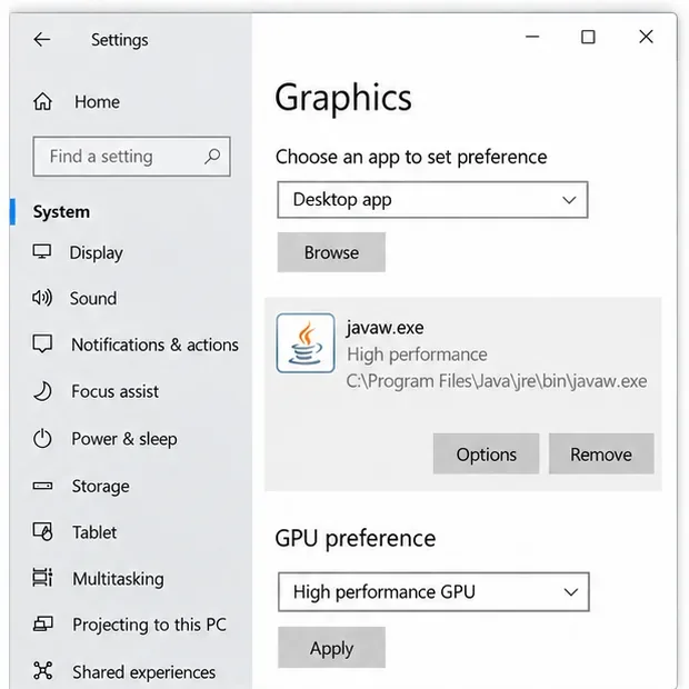 Windows Graphics settings illustration showing javaw.exe assigned to the high performance GPU.
