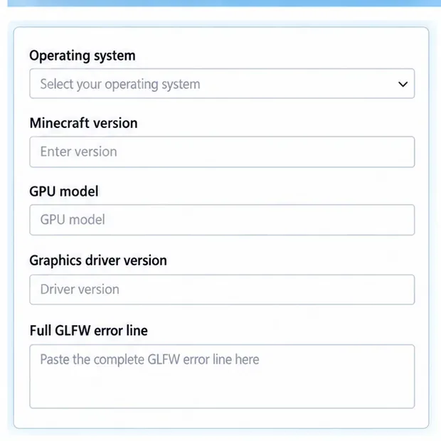 Blank troubleshooting form with fields for operating system, Minecraft version, GPU model, driver version, and full GLFW error line.