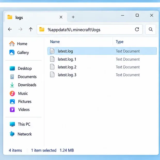 File Explorer open to the Minecraft logs folder, with latest.log selected.