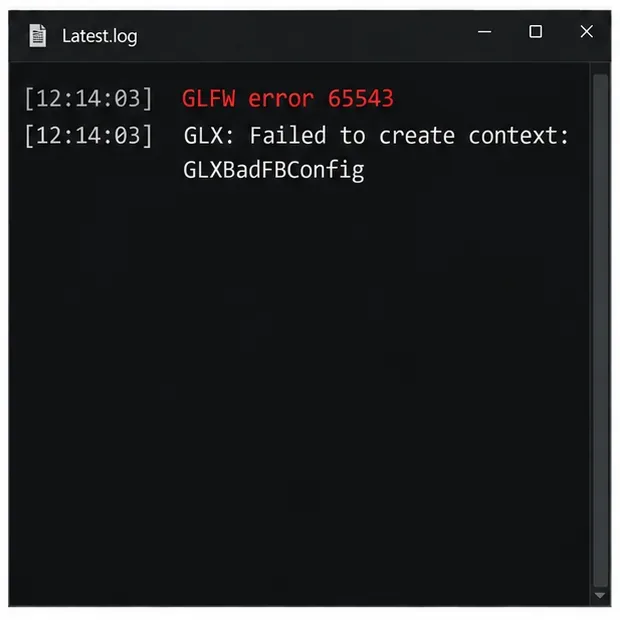 Example latest.log excerpt showing GLFW error 65543 and the Linux GLXBadFBConfig suffix.