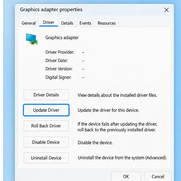Graphics adapter Properties dialog on the Driver tab, with provider, date, and version fields plus update and rollback controls.