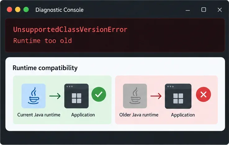 Diagnostic console showing UnsupportedClassVersionError and a comparison between a current and older Java runtime