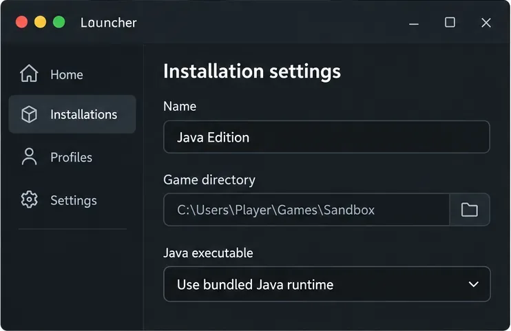 Launcher installation settings with the Java executable set to use the bundled runtime