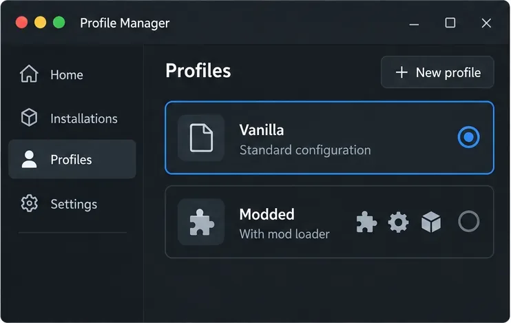 Profile manager showing a selected Vanilla profile separate from a Modded profile