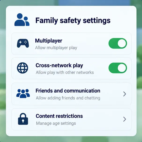 Setări ilustrative de siguranță familială cu joc multiplayer și joc în rețea activat