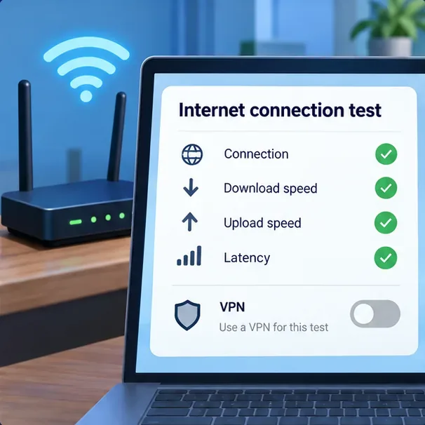 Test ilustrativ de rețea de laptop lângă un router de acasă, cu comutatorul VPN dezactivat pentru un test