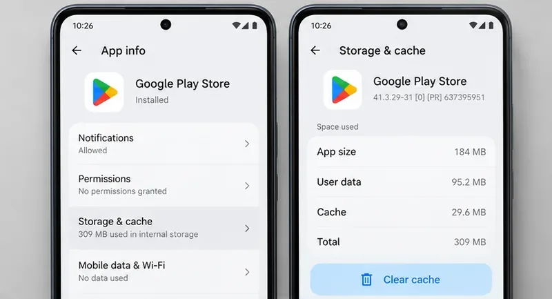 Google Playストアアプリの情報とキャッシュクリア操作を示すAndroid設定画面の例