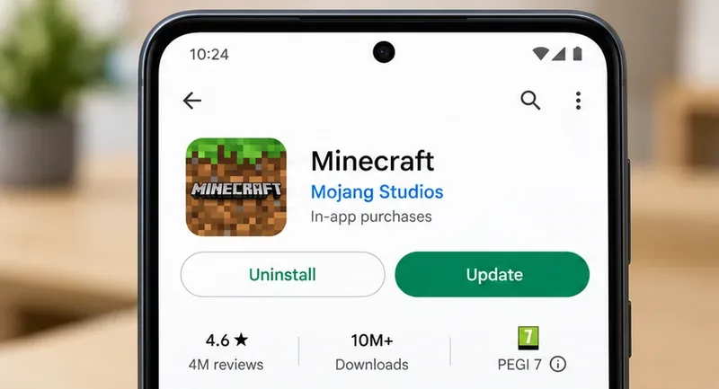Mojang Studiosのロゴとアップデートボタンが表示された、MinecraftのAndroid Playストア掲載例(例:MinecraftのAndroid Playストア掲載ページ)。