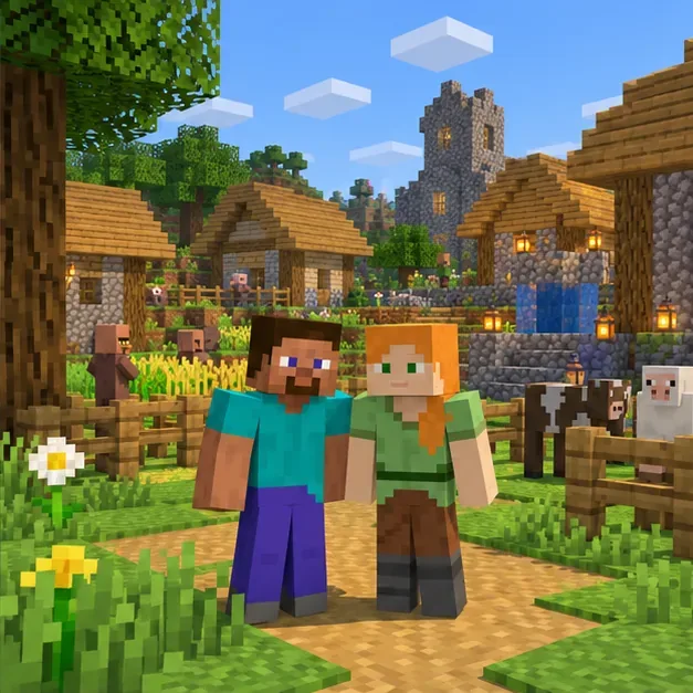 Two block-style players stand together in the same village world.