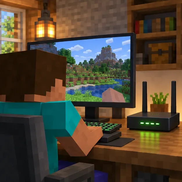 A player at a computer views a block-built world beside a Wi-Fi router with steady green lights.