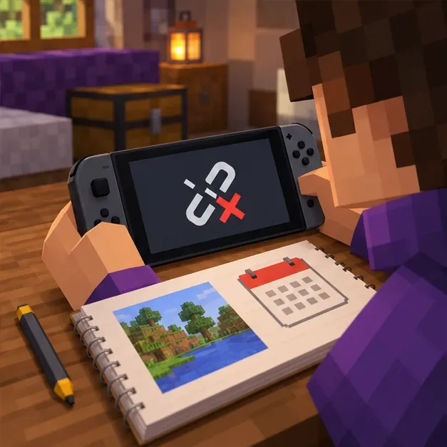 A player holds a handheld game device showing a broken-link symbol while noting the issue beside it.