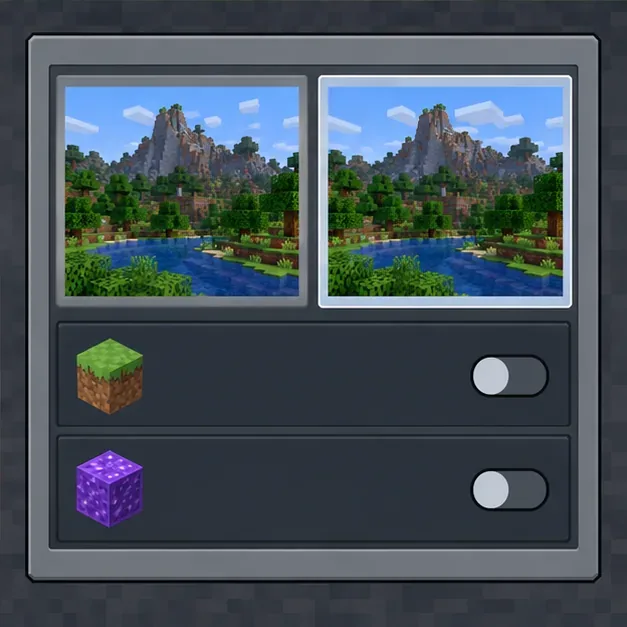 Two copies of a block-built world appear beside resource-pack and behavior-pack switches turned off.