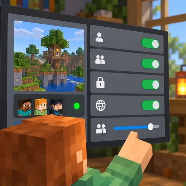 A block-game world card appears beside an abstract panel of multiplayer and privacy controls.