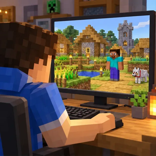 A player at a desktop computer sees a friend avatar standing in an open village world.