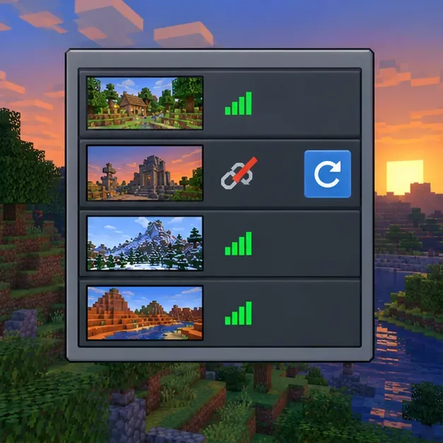 A Minecraft-style server list shows one destination with a disconnected-link icon and a retry control.