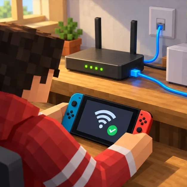 A player holds a handheld game device showing a Wi-Fi check beside a connected home router.
