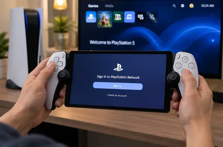 บุคคลหนึ่งถือ PlayStation Portal ที่แสดงหน้าจอเข้าสู่ระบบ PlayStation อยู่หน้าจอหลักของ PS5