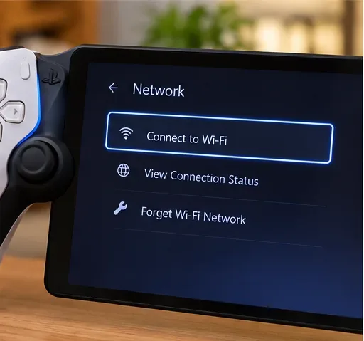 ภาพระยะใกล้ของ PlayStation Portal แสดงตัวเลือกเครือข่ายไร้สายและสถานะการเชื่อมต่อ