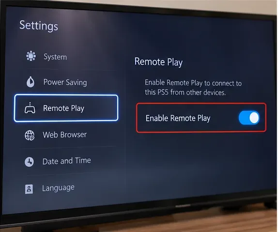 หน้าจอ PS5 จะแสดงตัวเลือก Remote Play และการตั้งค่าให้เปิดใช้งาน