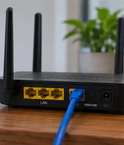 ด้านหลังของเราเตอร์ Wi-Fi ภายในบ้าน แสดงให้เห็นพอร์ตอีเธอร์เน็ตและสายเคเบิลเครือข่ายสีน้ำเงินที่เชื่อมต่ออยู่
