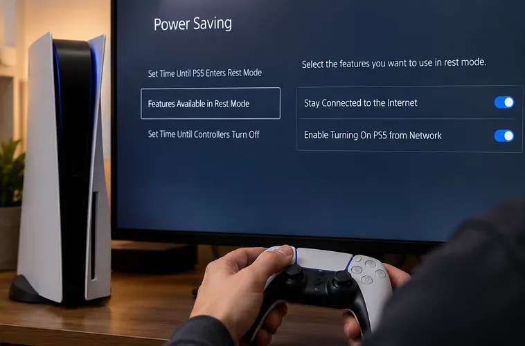 การตั้งค่าการประหยัดพลังงานของ PS5 แสดงว่าได้เลือก "เชื่อมต่ออินเทอร์เน็ตอยู่เสมอ" และ "เปิดใช้งานการเปิด PS5 จากเครือข่าย" ไว้แล้ว