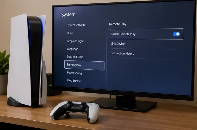 การตั้งค่าระบบ PS5 บนโทรทัศน์แสดงให้เห็นว่าสวิตช์ Enable Remote Play เปิดอยู่ข้างเครื่อง PlayStation 5
